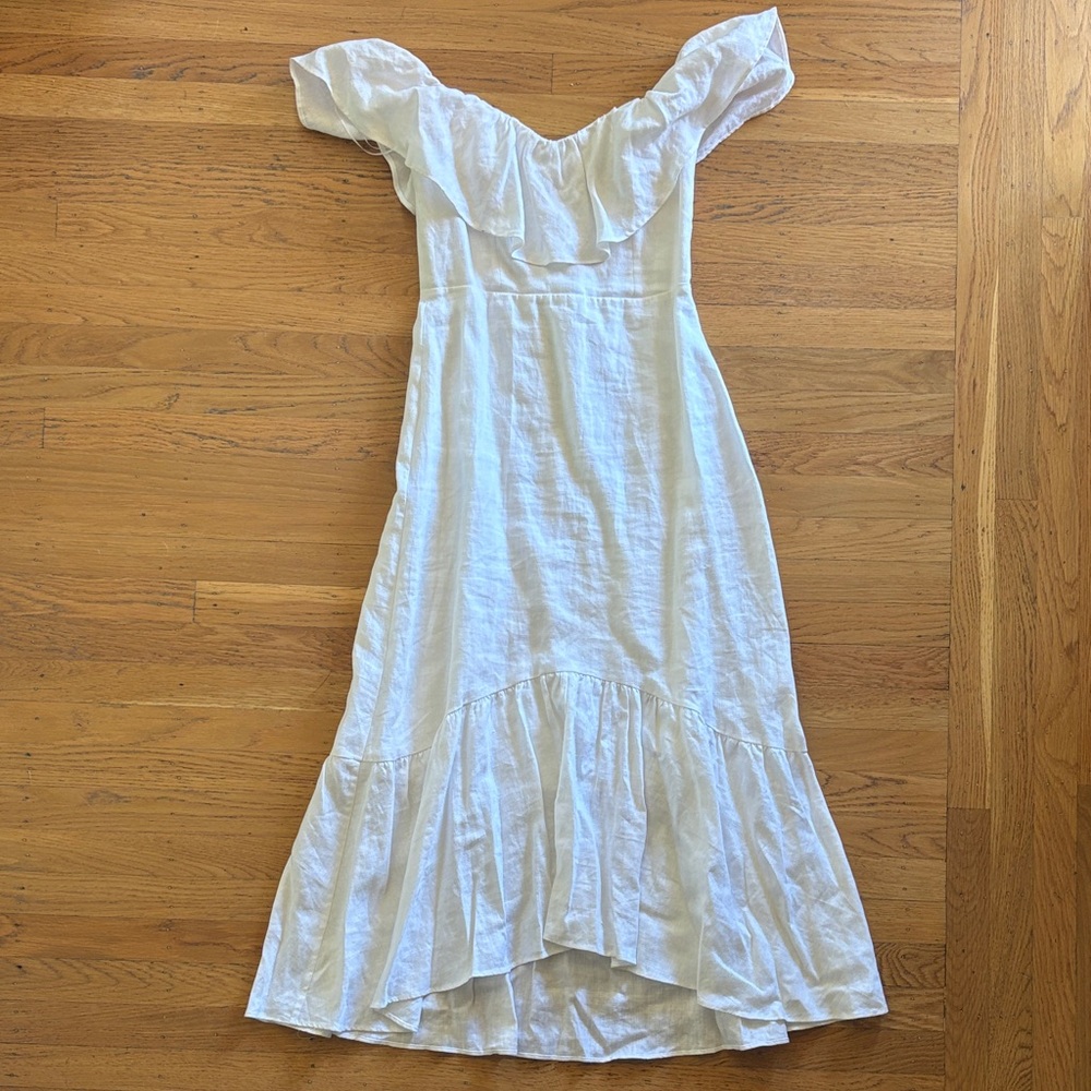 Reformation White Linen Off-Shoulder Ruffle Hem Women's Dress